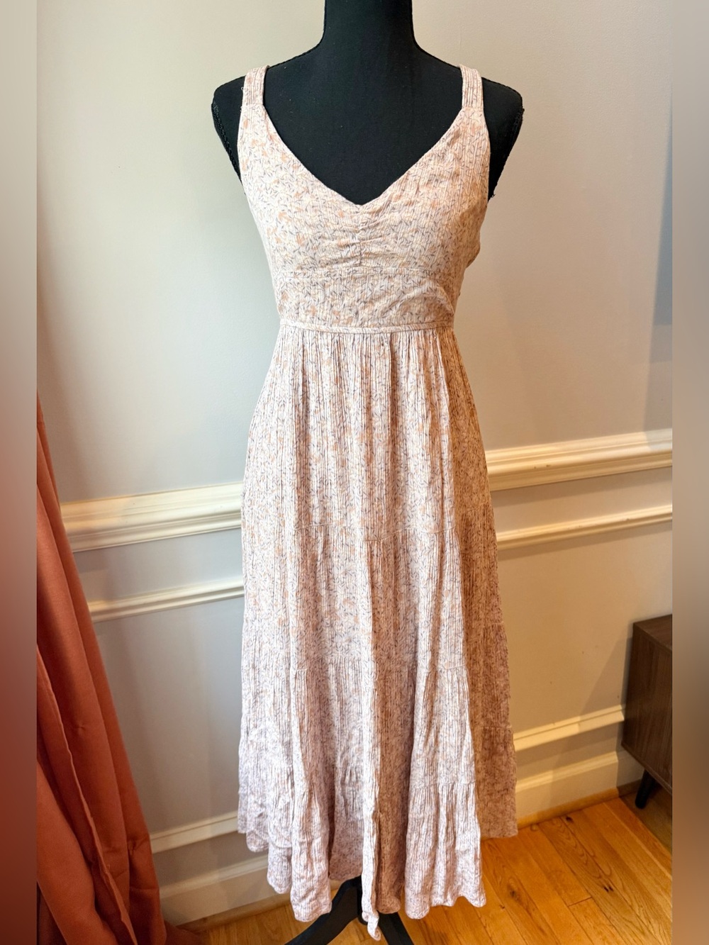 Dress Forum Floral Open Back Tie Midi Dress Beige Pink Boho Rayon Size S